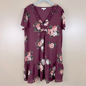 Ophelia Roe Burgundy Floral Rose Print Drop Peplum Dress Large